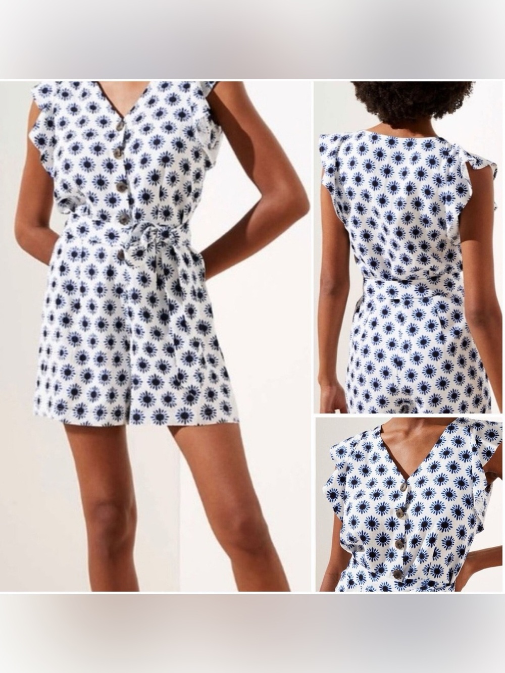 LOFT White Dress with Navy Floral Burst Print